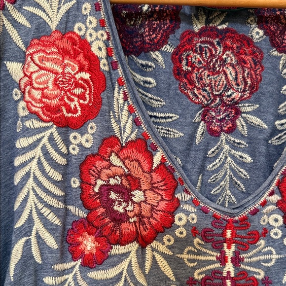 Embroidered Floral V-Neck Top - Blue and Red - Picture 3 of 11